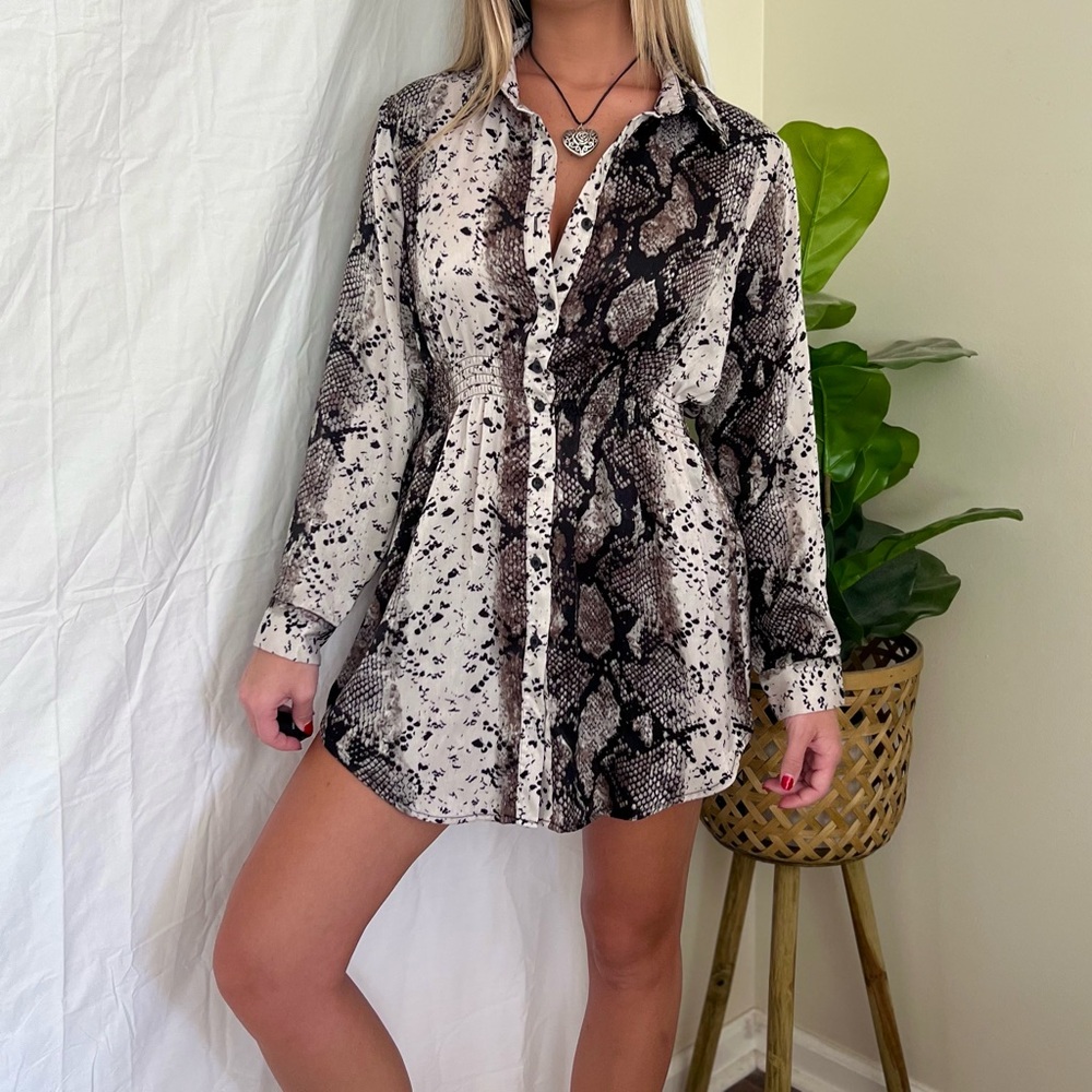 Snake Print Long Sleeve Shirt Dress